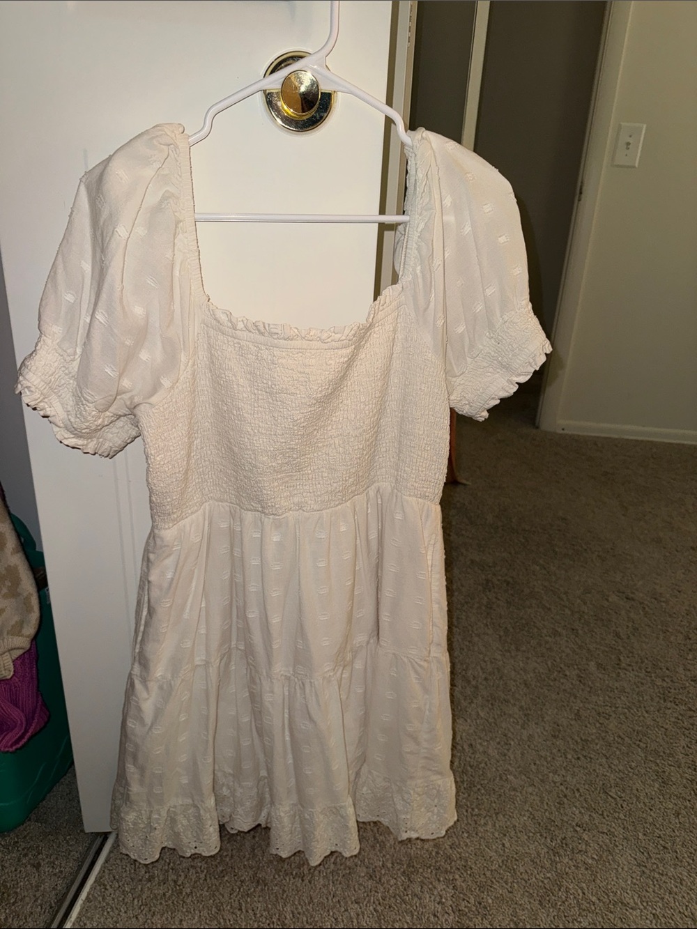 American Eagle Outfitters Cream Puff Sleeve Smocked Mini Dress